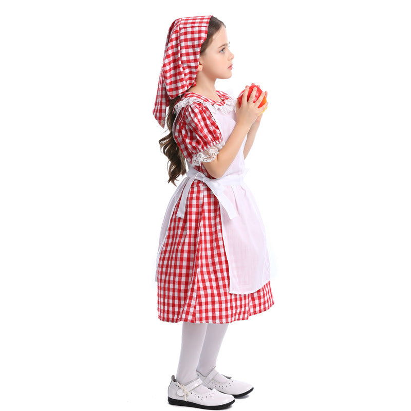 Halloween Fairy Tale Cosplay Lace Red Plaid Beer Outfit Little Maid Farm Costume — scale reference