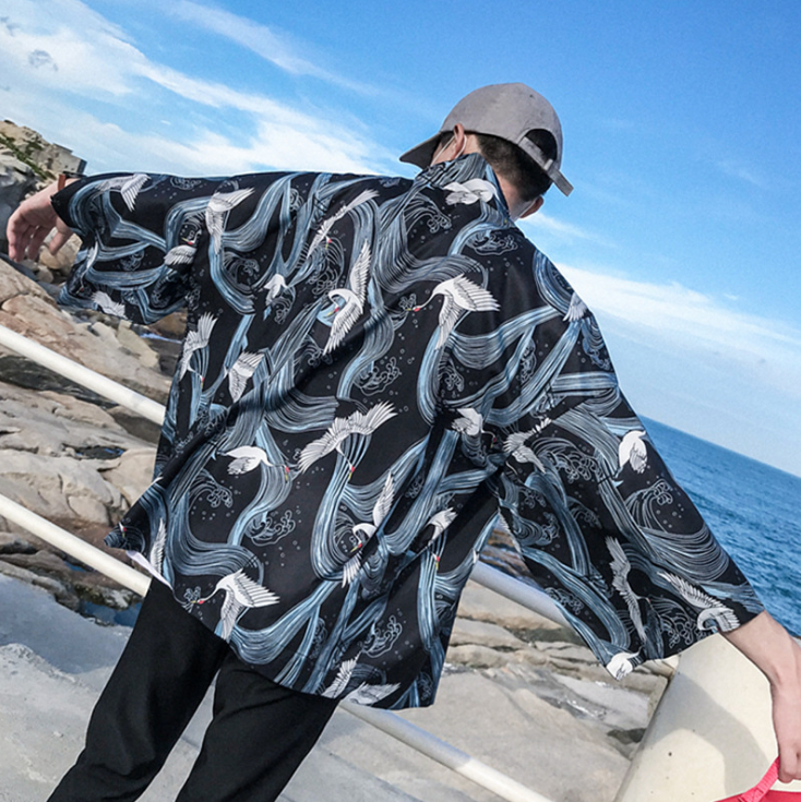 Printed Japanese Style Kimono Jacket cardigan men clothing cardigan male streetwear hiphop casual coat — scale reference