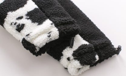 Cow pattern road plush padded cotton clothing — scale reference