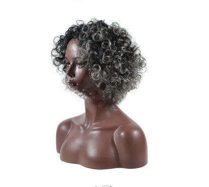 Granny gray short chemical fiber wig headgear — back view