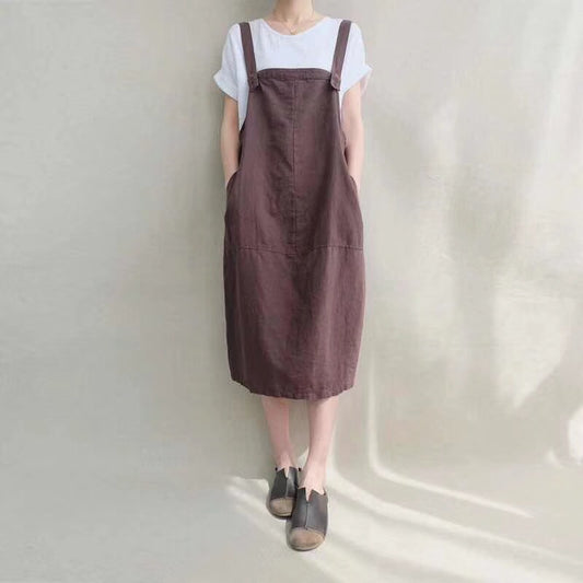 Cotton and linen strap skirt female spring and summer a-shaped split loose large section in the long paragraph large size