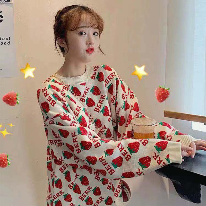 Sweet Strawberry Winter Women's Ins Harajuku Letter Long Sleeve tops Knit Sweater New Fashion Loose ins Casual — detail