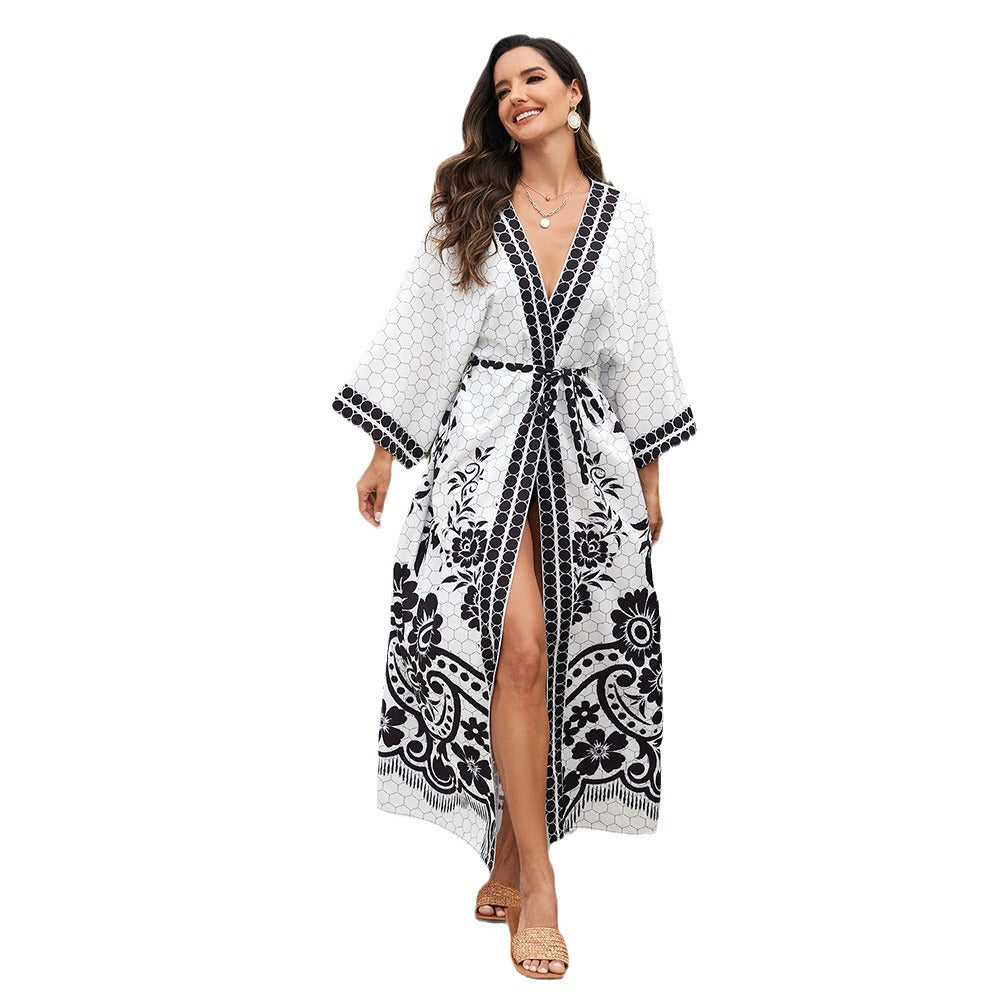 Printed Cardigan Kimono Bikini Sun Protection Dress — scale reference