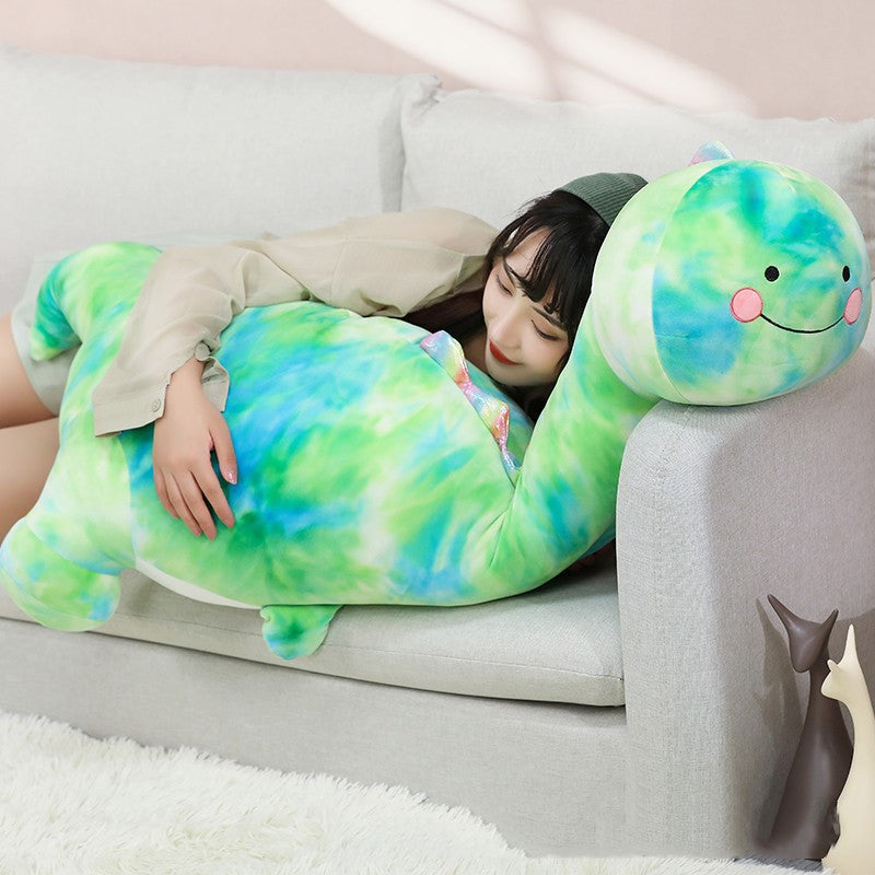 Cute dinosaur plush toy — Green or Pink, 100–130 cm — in use