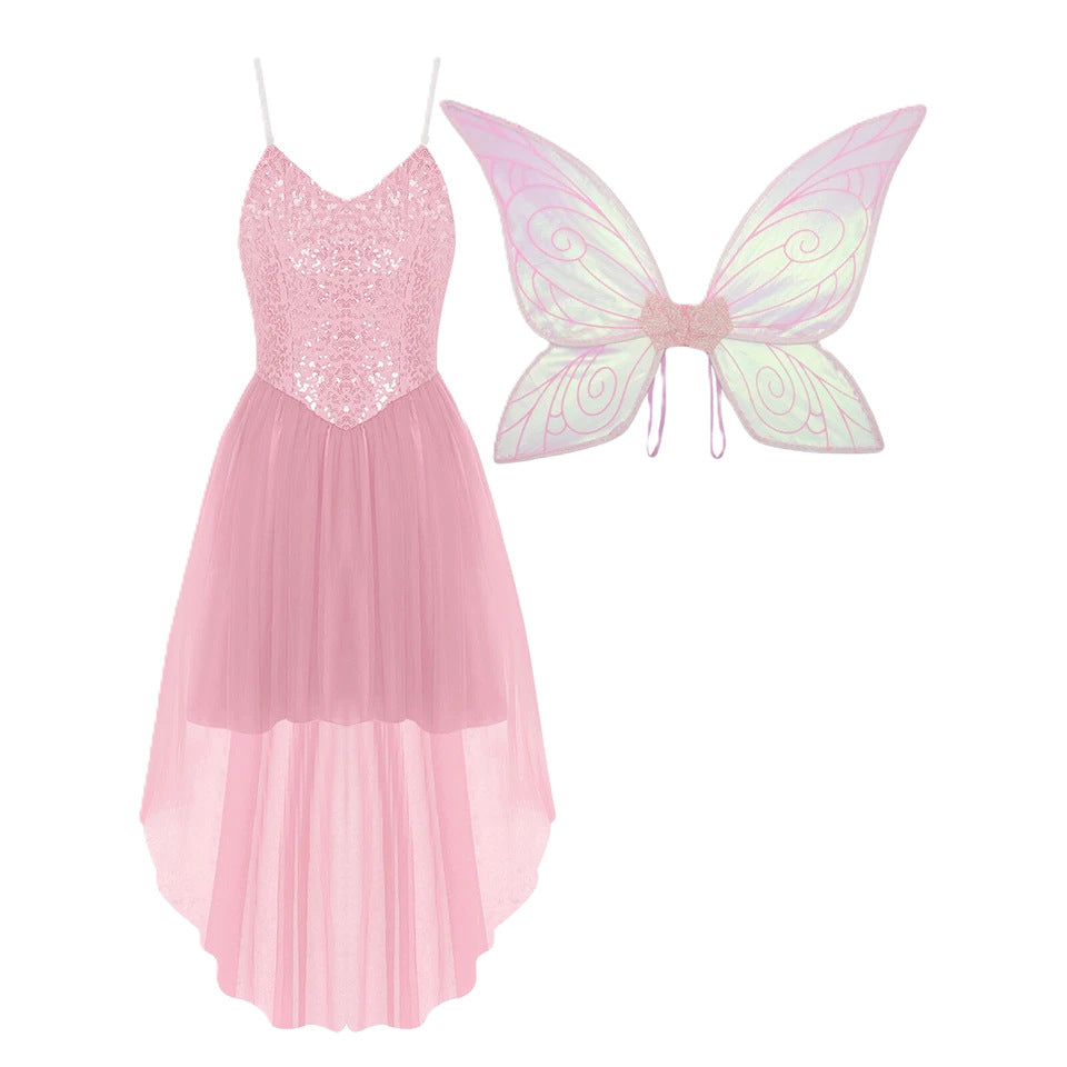 Mischievous Fairy Elf Wing Dress - Whimsical Costume with Attached Wings for Party Performance — back view