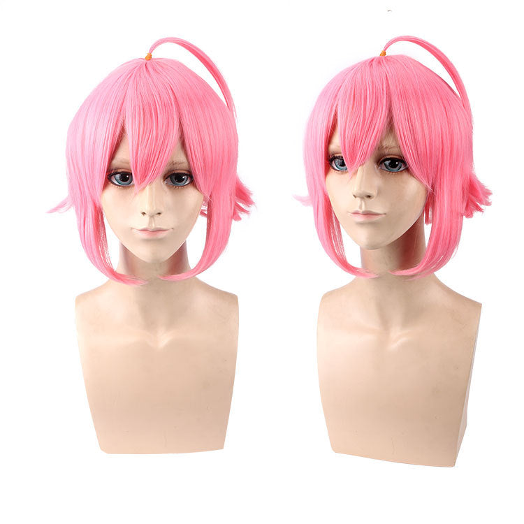 Pink upturned cosplay wig — back view