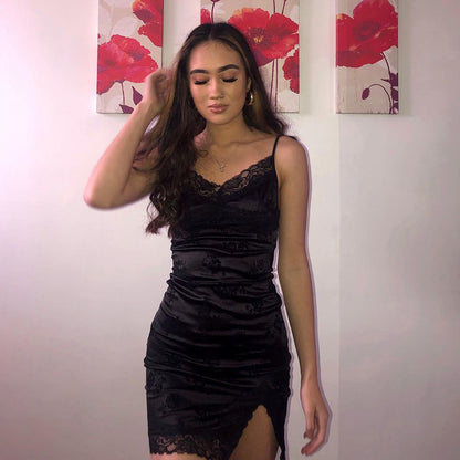 Goth Aesthetic Mini Dress Women V Neck Sexy Bodycon Dress — detail
