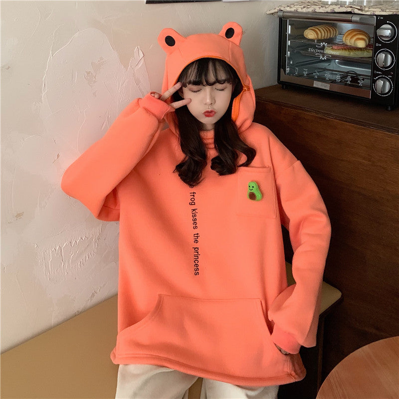 Couple's Best Friend Plush Frog Pullover Zipper Sweater — scale reference