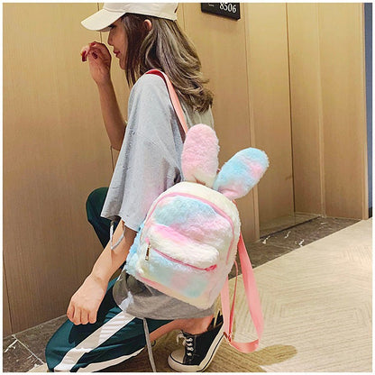 New Style Plush Bunny Ears Backpack Female Backpack — back view