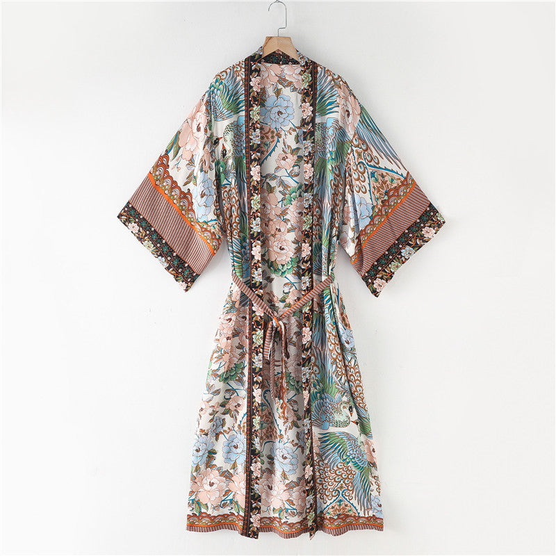 Bohemian Printed Crane Kimono Dress Robe — back view