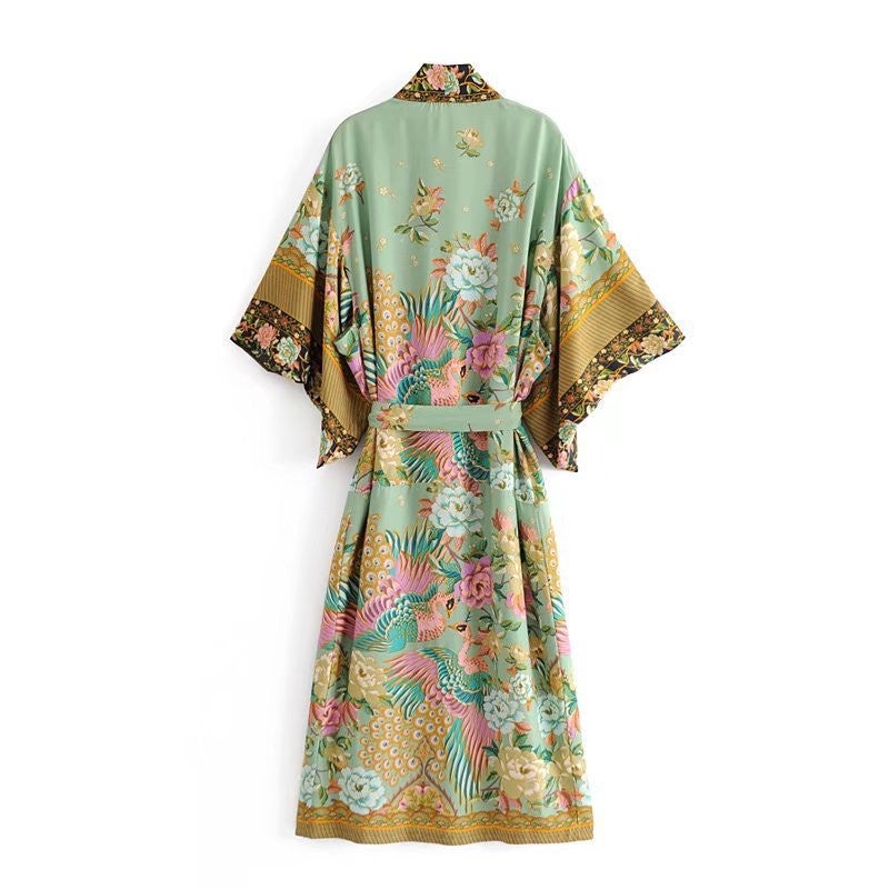 Bohemian Printed Crane Kimono Dress Robe — side view