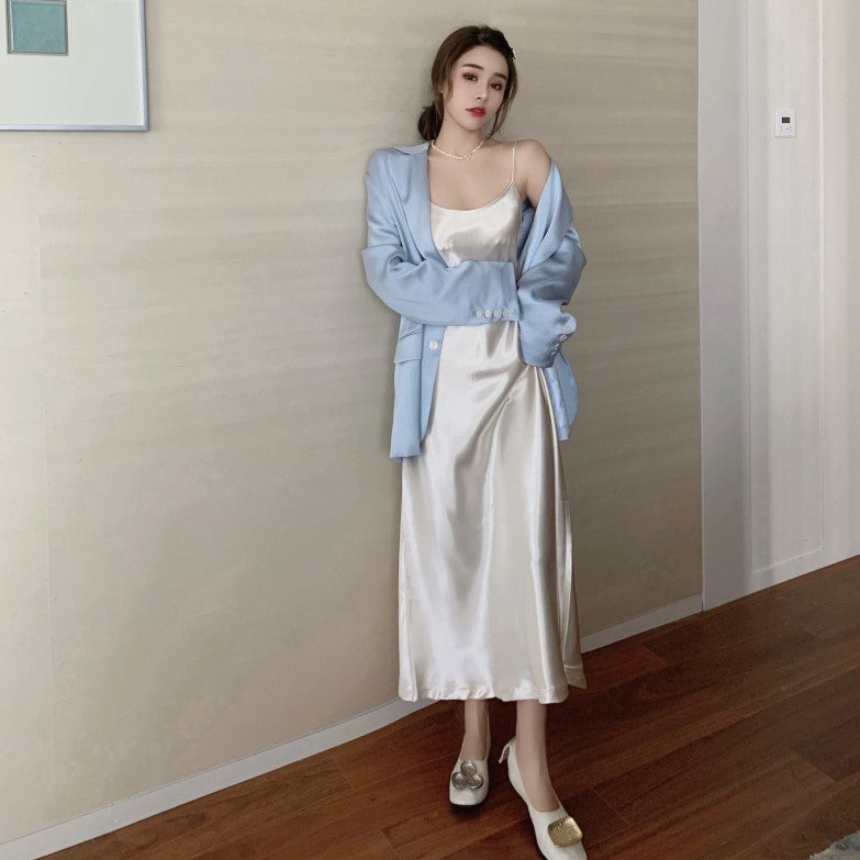 Hong Kong Flavor Satin Suspender Skirt Casual Gloss Suit