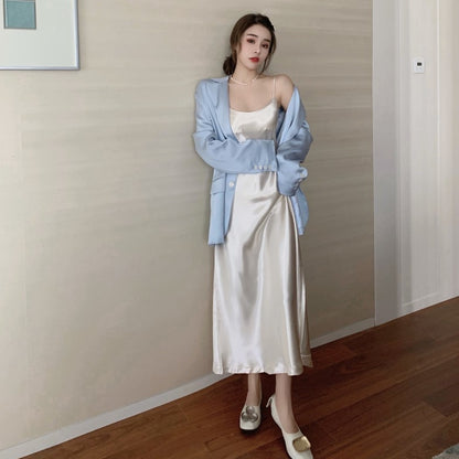 Hong Kong Flavor Satin Suspender Skirt Casual Gloss Suit