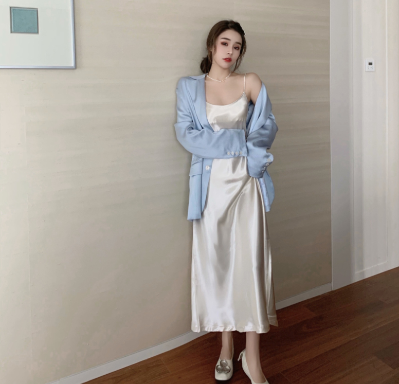 Hong Kong Flavor Satin Suspender Skirt Casual Gloss Suit — back view