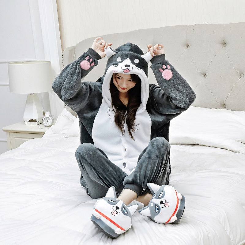 Set Kigurumi Adult Women Men Animal Corgi Pajamas Flannel Cartoon dog Cosplay Onesie corgi Warm Winter pijama — back view