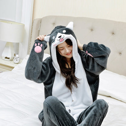 Set Kigurumi Adult Women Men Animal Corgi Pajamas Flannel Cartoon dog Cosplay Onesie corgi Warm Winter pijama — detail