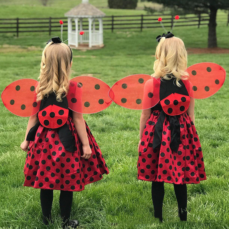Seven Star Ladybug Wings Girl Children's Two-Piece Performance Costume Red Black Gold Powder Back Wing — side view