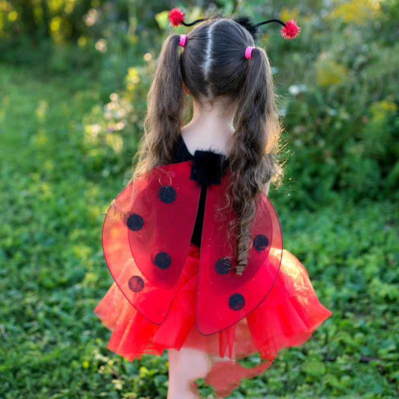 Seven Star Ladybug Wings Girl Children's Two-Piece Performance Costume Red Black Gold Powder Back Wing Performance — detail