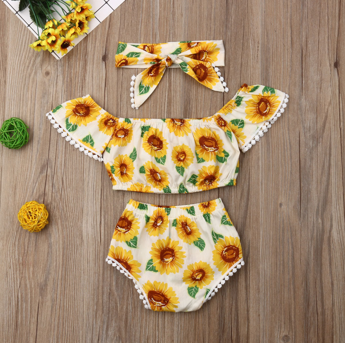 Girl Sunflower Print One-Shoulder Top Triangle Shorts Suit — back view
