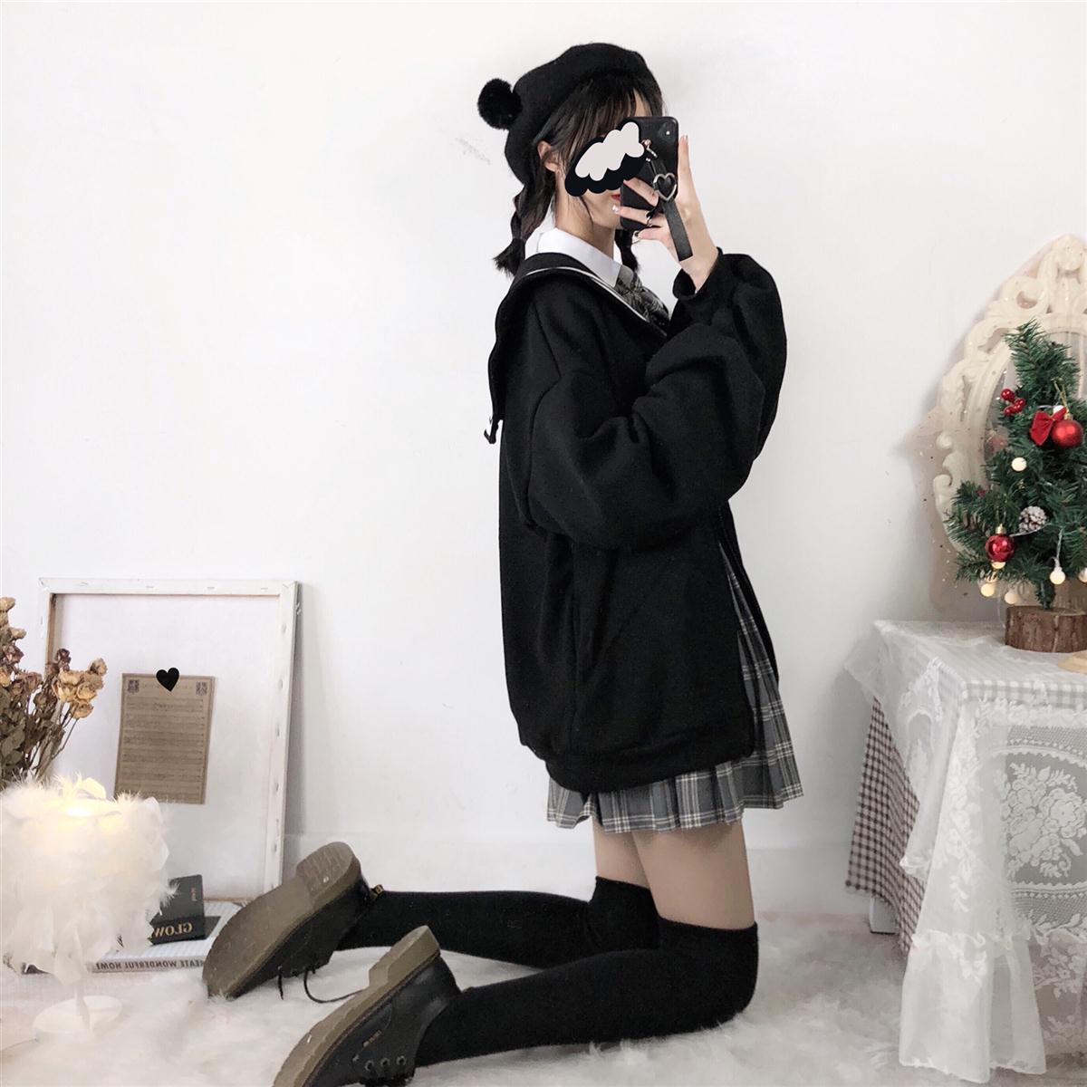 Oversized Sweatshirt Zip-Up Hoodie Sailor-Collar Japanese Streetwear Qweek Soft Girl — back view