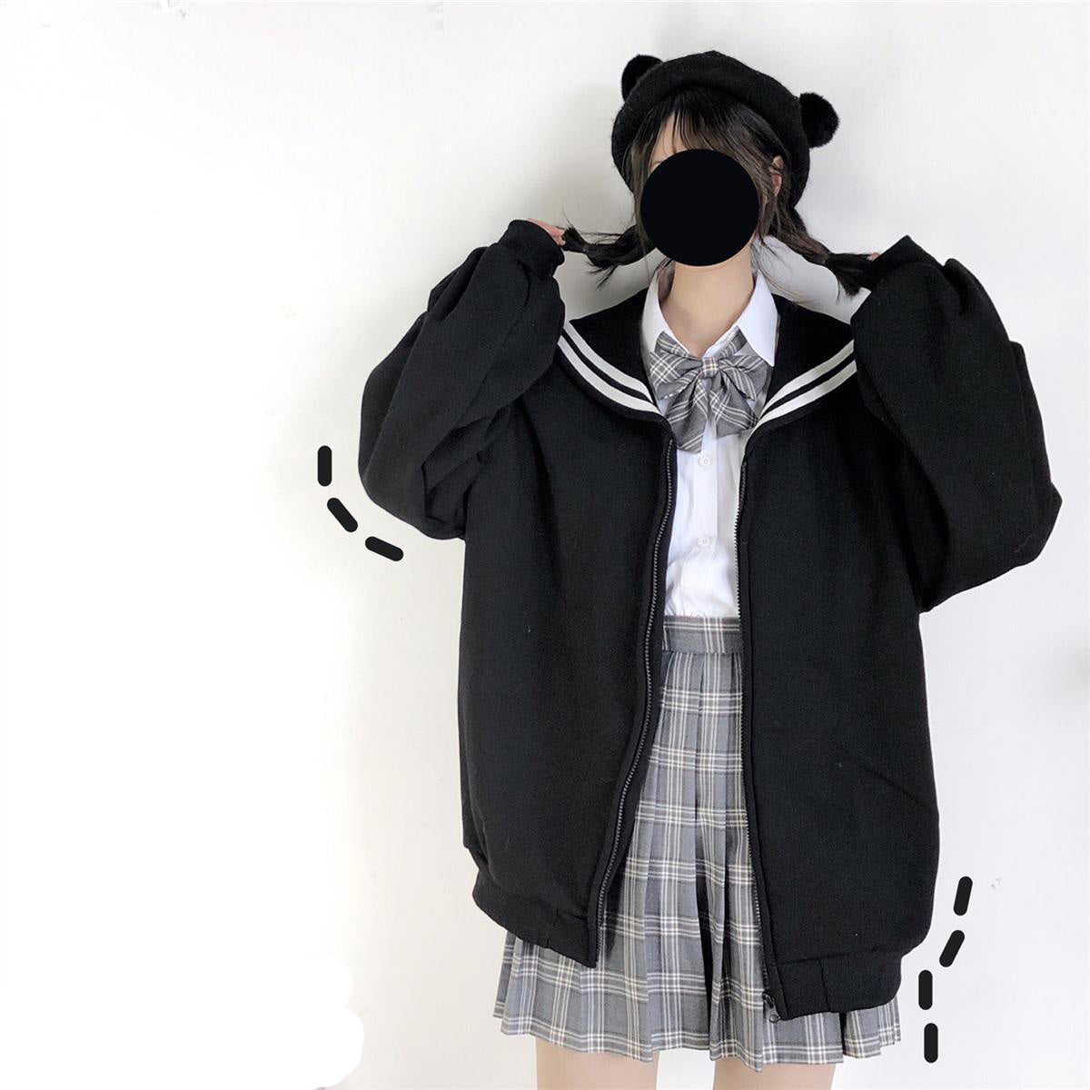 Oversized Sweatshirt Zip-Up Hoodie Sailor-Collar Japanese Streetwear Qweek Soft Girl — scale reference