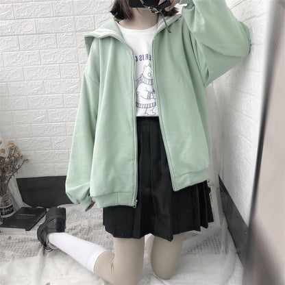 Oversized Sweatshirt Zip-Up Hoodie Sailor-Collar Japanese Streetwear Qweek Soft Girl — side view