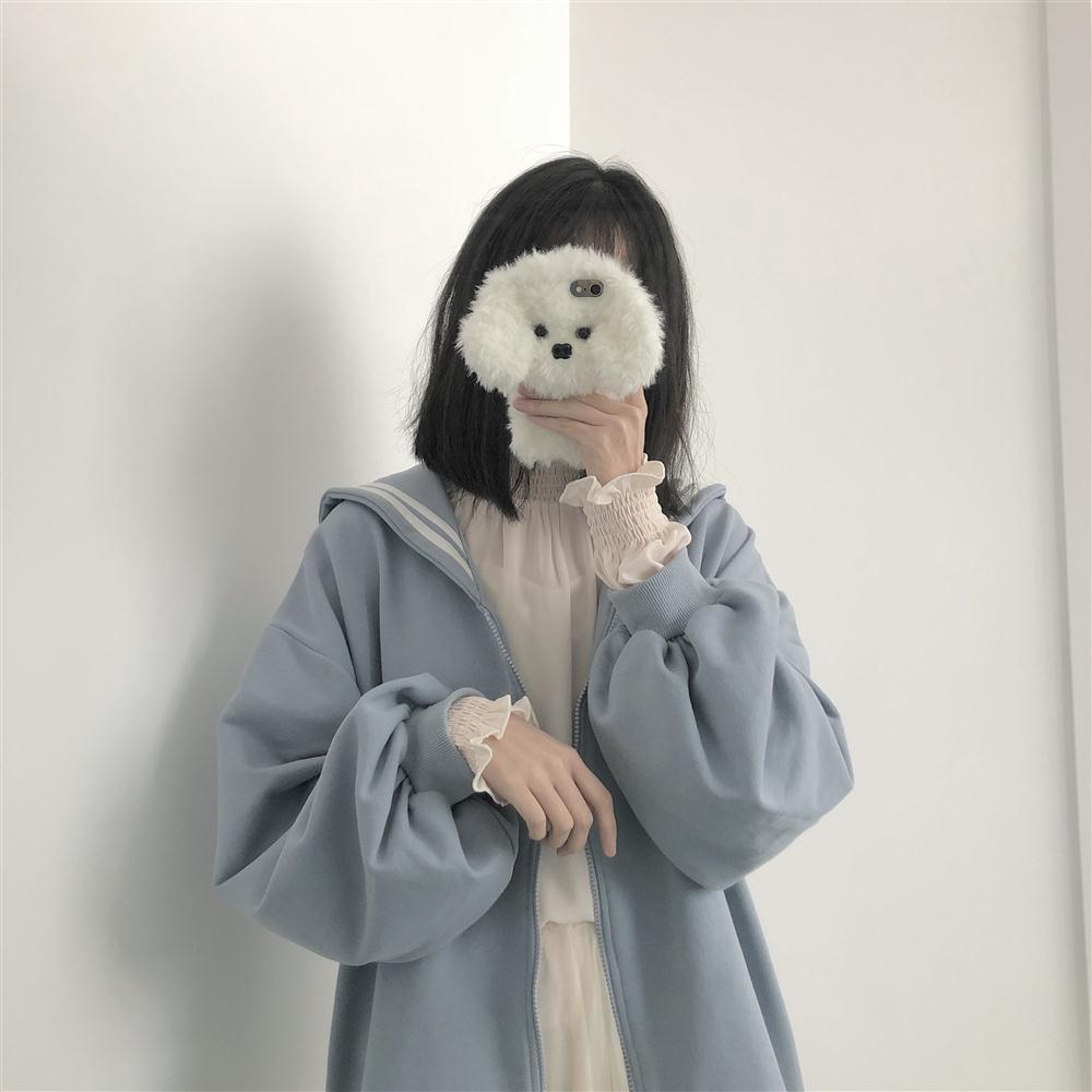 Oversized Sweatshirt Zip-Up Hoodie Sailor-Collar Japanese Streetwear Qweek Soft Girl — detail