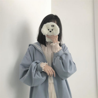 Oversized Sweatshirt Zip-Up Hoodie Sailor-Collar Japanese Streetwear Qweek Soft Girl — detail
