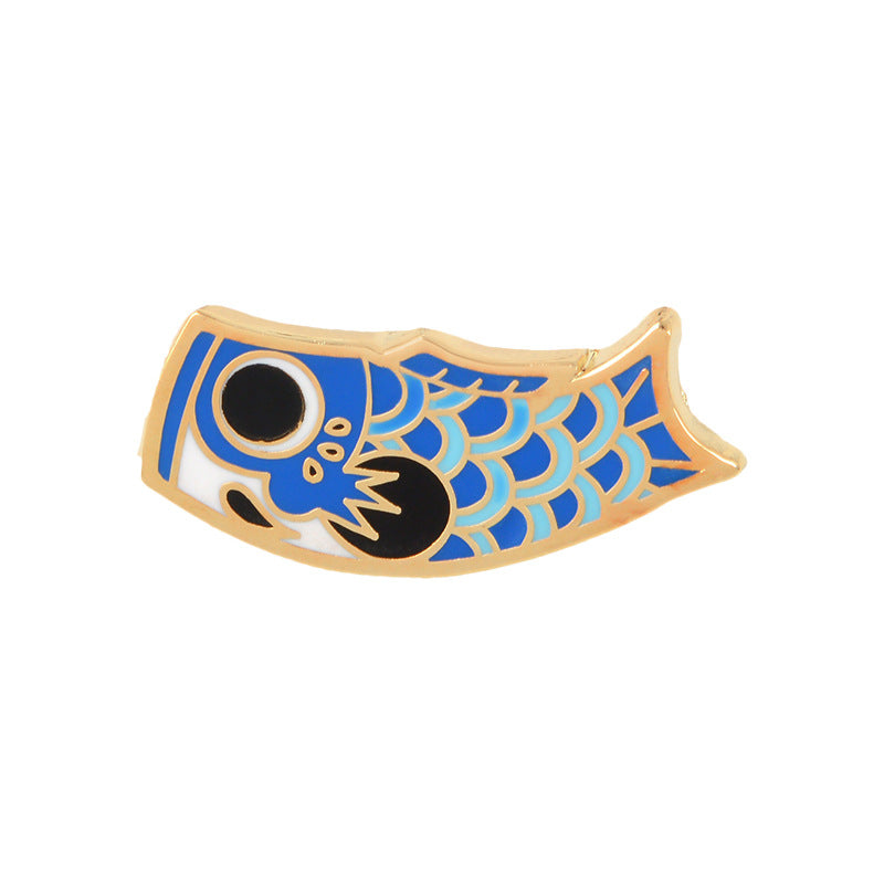 Japanese Style Enamel Pin Koi Squid Flag Brooch Backpack Clothing Lapel Pin Sushi Salmon Badge Cartoon Jewelry — in use