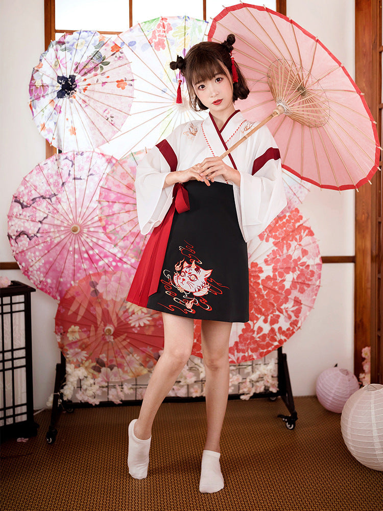 Japanesex Dress Kimono Woman Black White Cat Embroidery Skirts Vintage Asian Clothing Yukata Haori Cosplay Party — side view