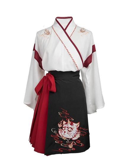 Japanesex Dress Kimono Woman Black White Cat Embroidery Skirts Vintage Asian Clothing Yukata Haori Cosplay Party 2 — detail