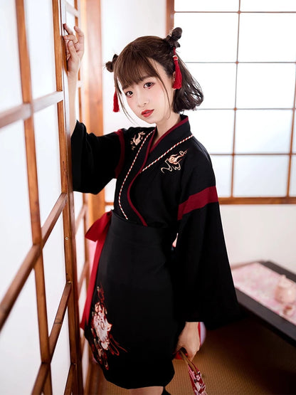 Japanesex Dress Kimono Woman Black White Cat Embroidery Skirts Vintage Asian Clothing Yukata Haori Cosplay Party — packaging