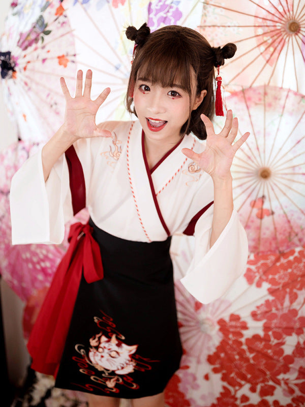 Japanesex Dress Kimono Woman Black White Cat Embroidery Skirts Vintage Asian Clothing Yukata Haori Cosplay Party 2 Pieces
