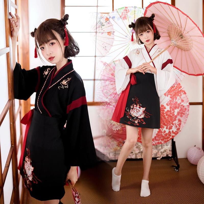 Japanesex Dress Kimono Woman Black White Cat Embroidery Skirts Vintage Asian Clothing Yukata Haori Cosplay Party — back view