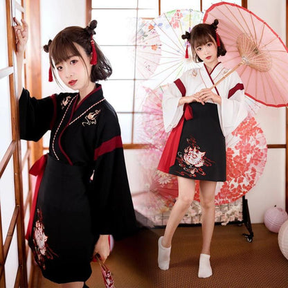 Japanesex Dress Kimono Woman Black White Cat Embroidery Skirts Vintage Asian Clothing Yukata Haori Cosplay Party — back view