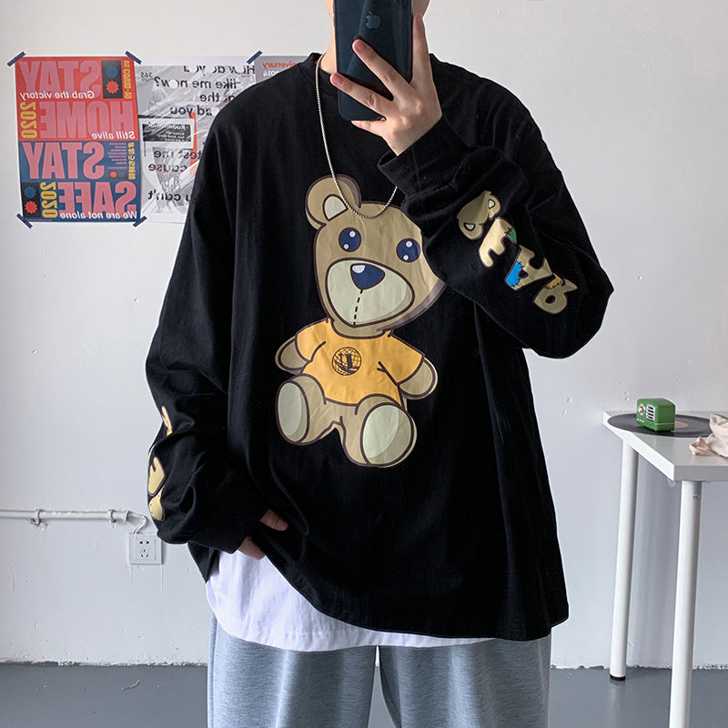 Men's Spring New Hong Kong Style Japanese Cartoon Anime Korean Trend Loose Student Couple Long Sleeve T-Shirt — back view