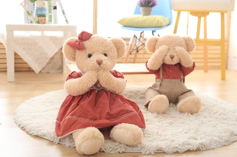 Hot 45cm 2pcs.Set Couple Teddy Bear Plush Toys Kawaii Stuffed Doll With Plaid Clothe Best Birthday Christmas Gift — detail