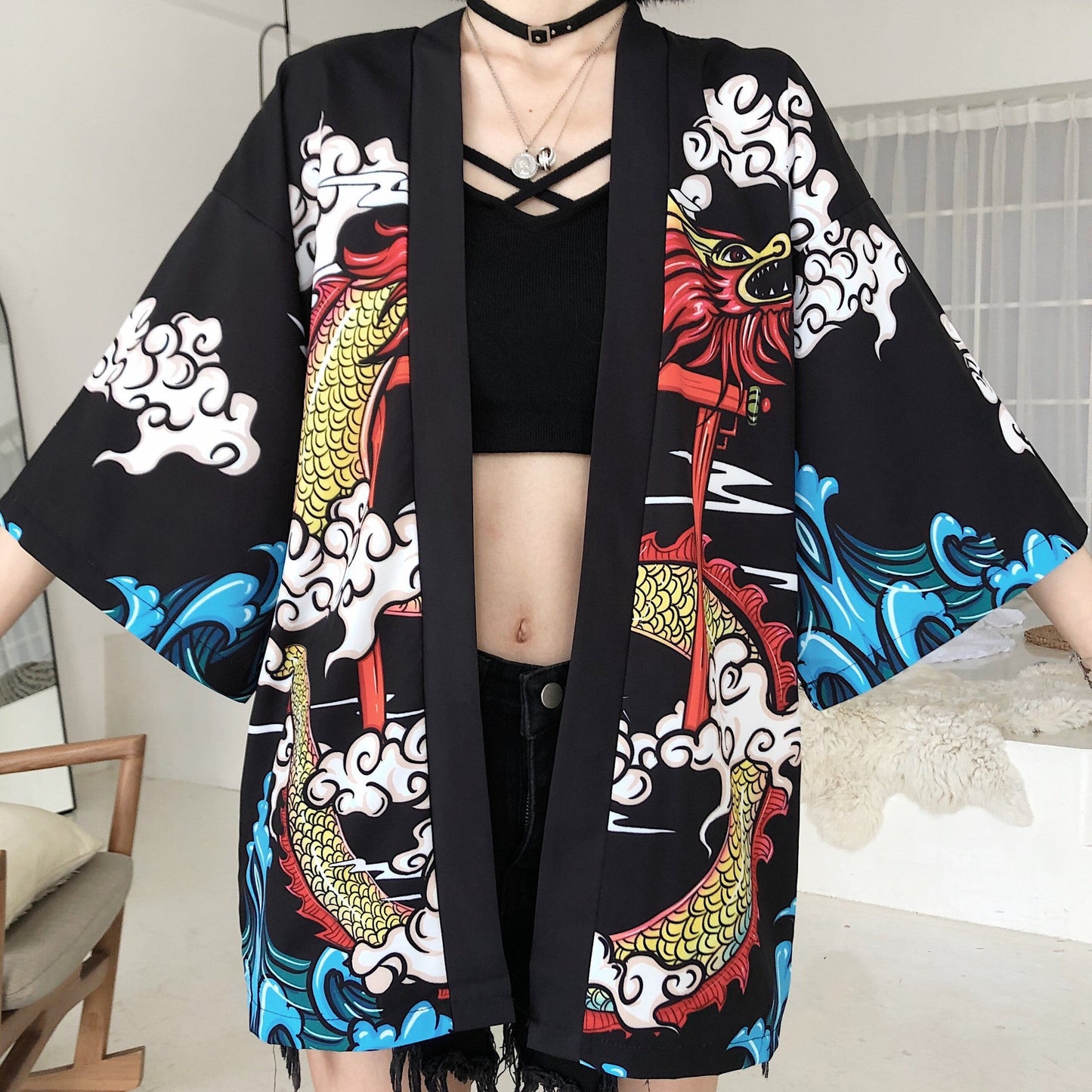 Japanese Kimono & Yukata Duo — Red Women's Kimono Yukata Dress + Dragon-Print Haori Cardigan — back view