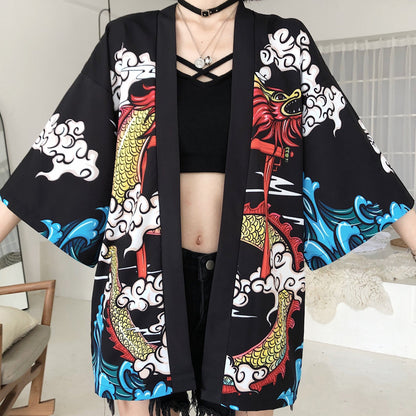 Japanese Kimono & Yukata Duo — Red Women's Kimono Yukata Dress + Dragon-Print Haori Cardigan — back view