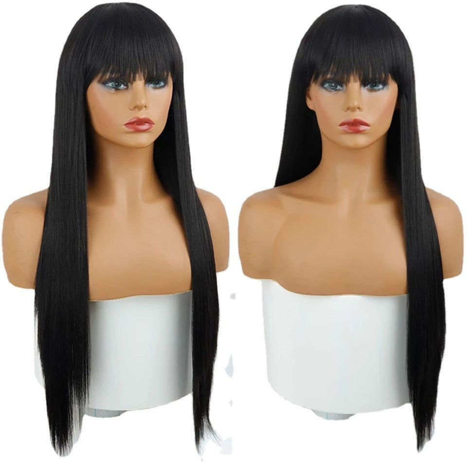 Black Long Straight Wig - Air Bangs, Medium-Long Hair — back view