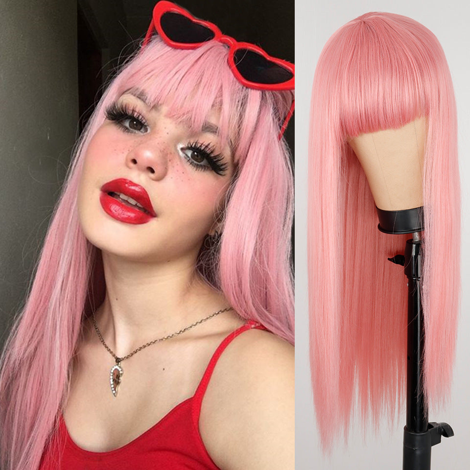 Black Long Straight Wig - Air Bangs, Medium-Long Hair — side view