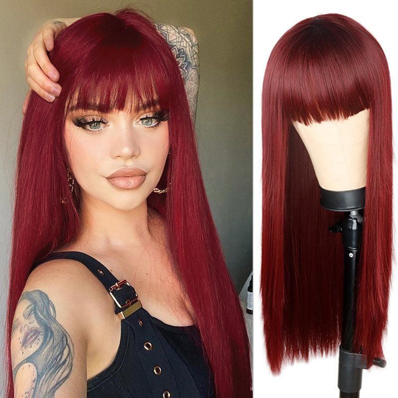 Black Long Straight Wig - Air Bangs, Medium-Long Hair