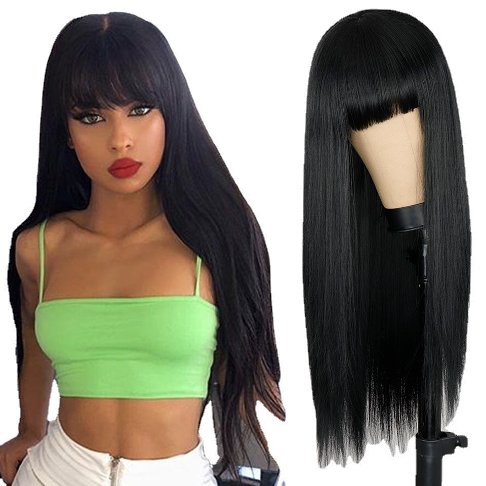 Black Long Straight Wig - Air Bangs, Medium-Long Hair — packaging