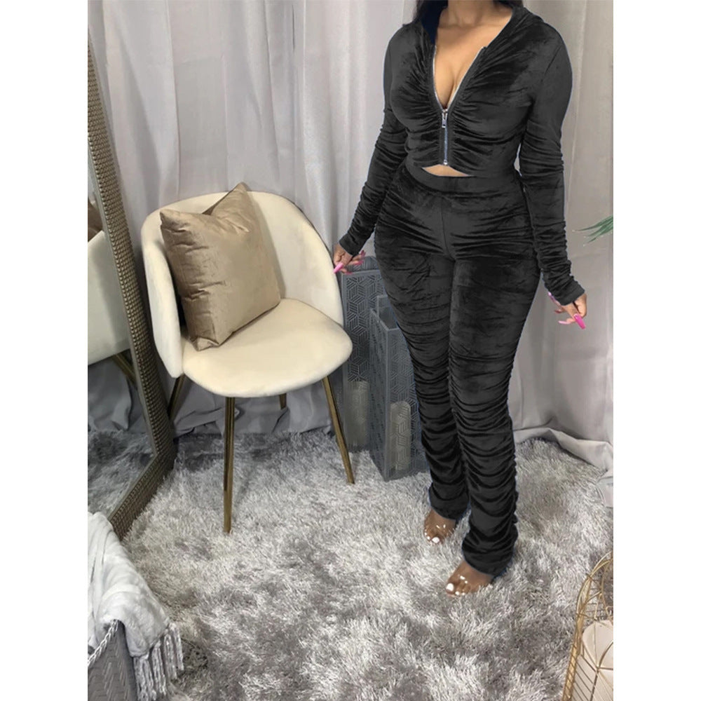 Amazon Independent Station European And American Women's Fold Solid Color Zipper Sports Two-Piece Suit — back view