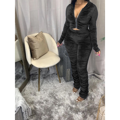 Amazon Independent Station European And American Women's Fold Solid Color Zipper Sports Two-Piece Suit — back view