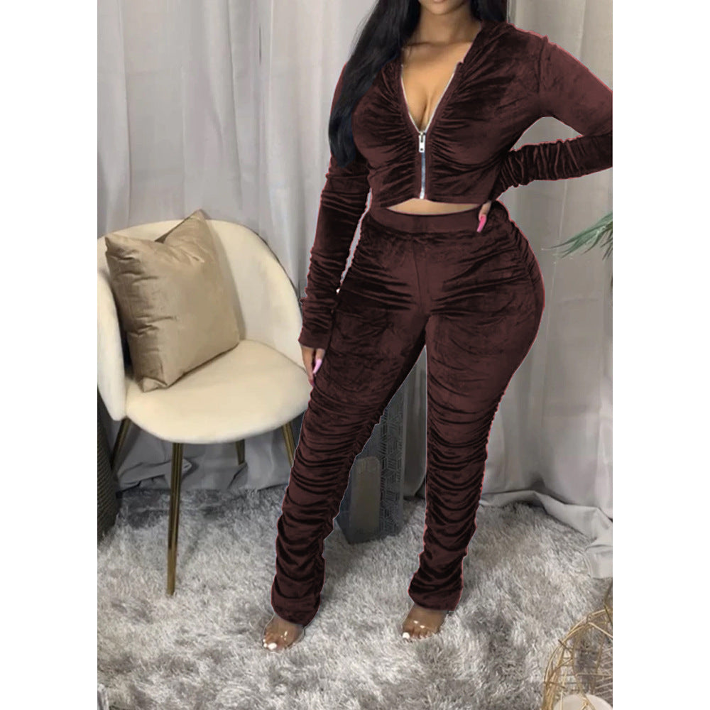 Amazon Independent Station European And American Women's Fold Solid Color Zipper Sports Two-Piece Suit — detail