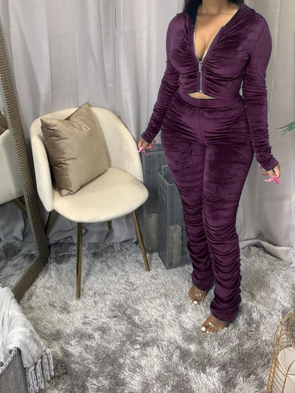 Amazon Independent Station European And American Women's Fold Solid Color Zipper Sports Two-Piece Suit — scale reference