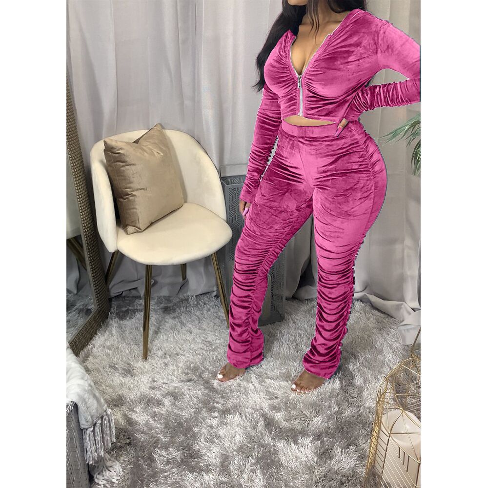 Amazon Independent Station European And American Women's Fold Solid Color Zipper Sports Two-Piece Suit — side view