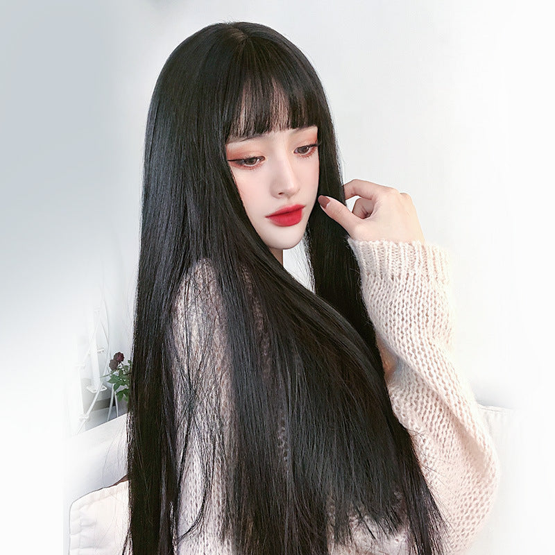 Realistic Black Long Straight Wig - Air Bangs, Full Cap — detail