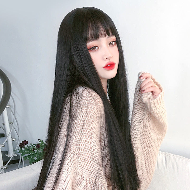 Realistic Black Long Straight Wig - Air Bangs, Full Cap — included in Samurai Warrior Cosplay Set — Armor Costume + Shoulder Armor + Wig